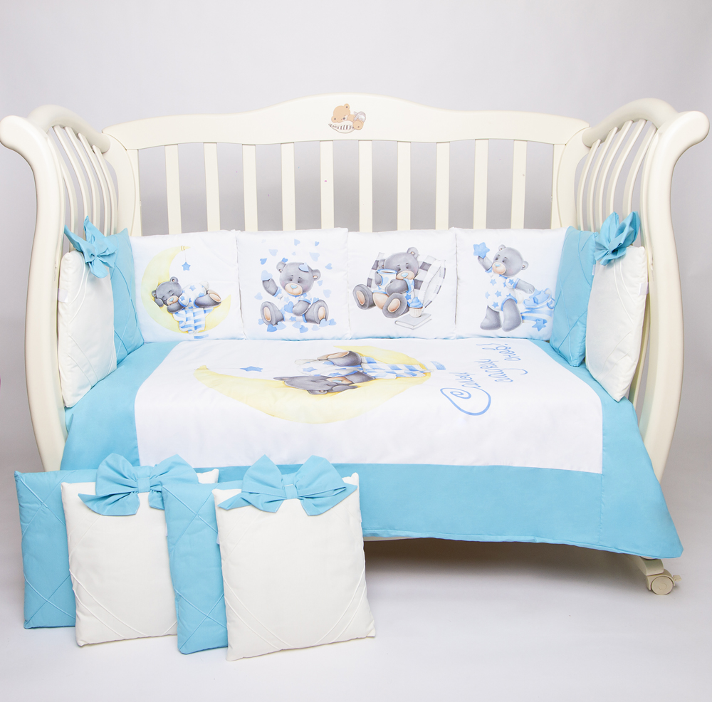 Комплект в кроватку Премиум ПАННО 5 шт. подушками "Мишка на луне"(голубой)