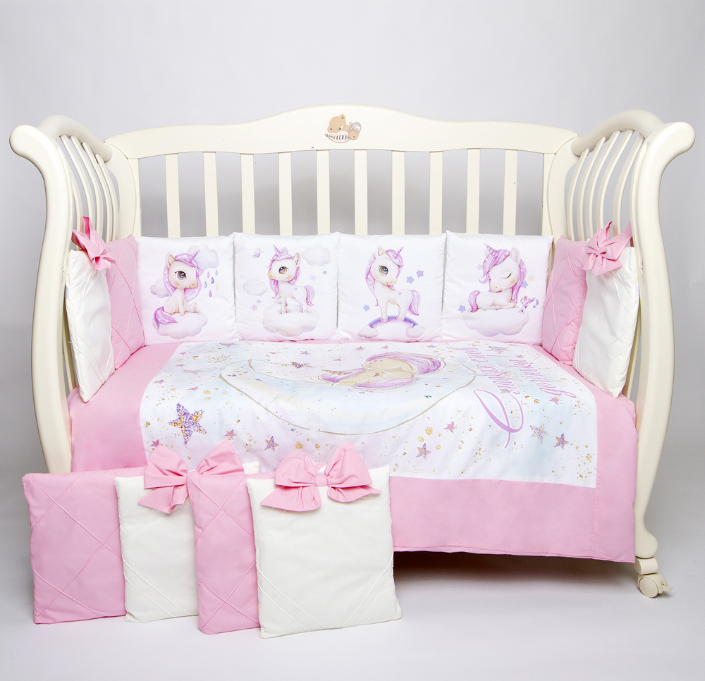 Комплект в кроватку Премиум ПАННО 5 шт. подушками "Единорожки"(розовый) 