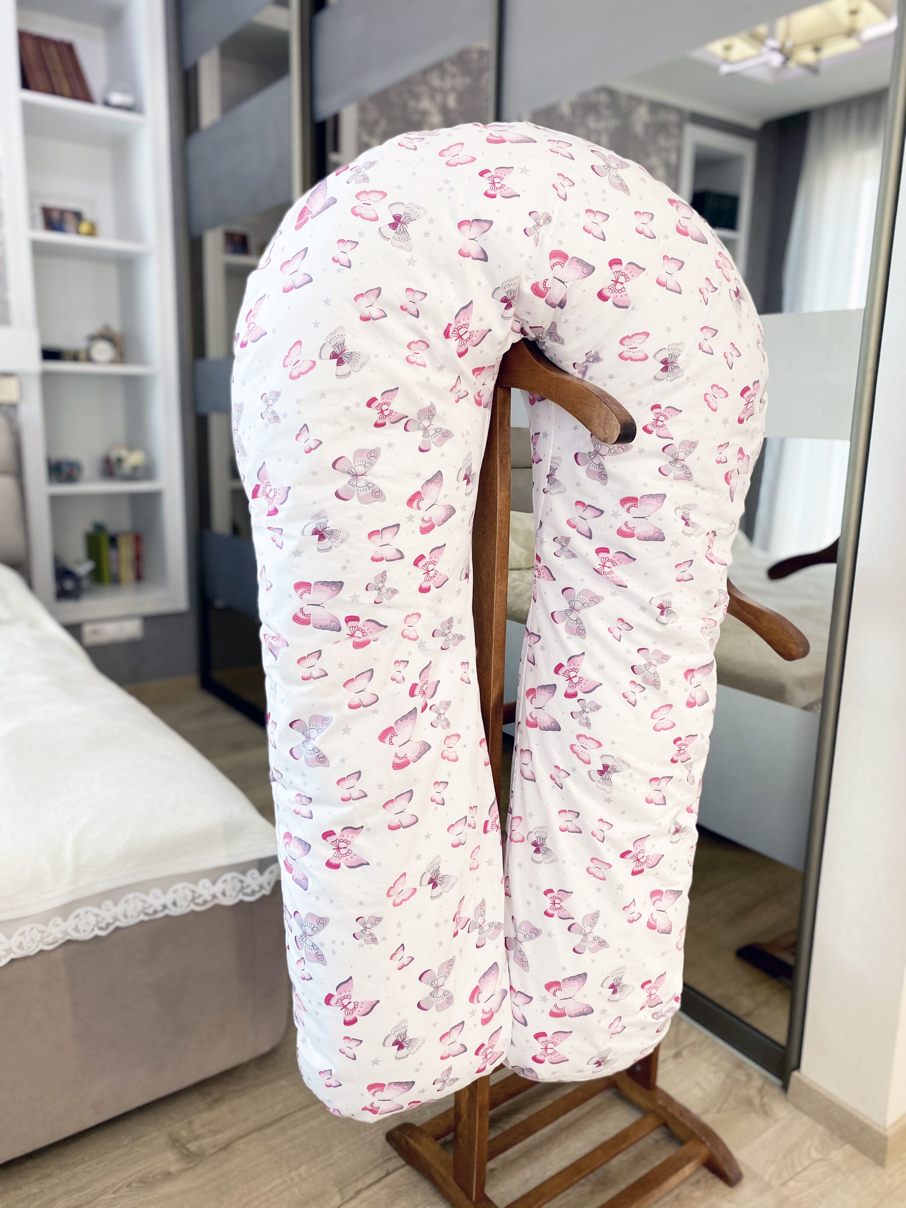 Подушка для беременных U-образная 300см сатин (бабочки розовые)
