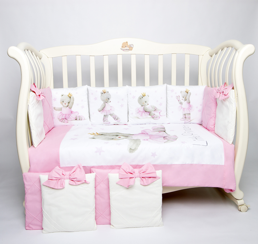 Комплект в кроватку сатин17 предметов с Панно Премиум "Мишутка балерина"(розовый)