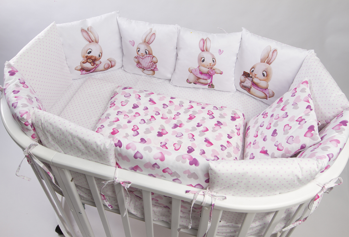 Комплект в кроватку 17 предметов (бортики-подушки) "Зайчонок" розовый сатин