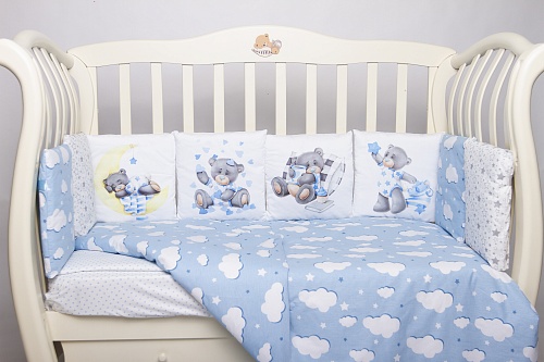 Комплект 17 предметов "Мишка на луне" голубой сатин Комплект 17 предметов "Мишка на луне" голубой сатин