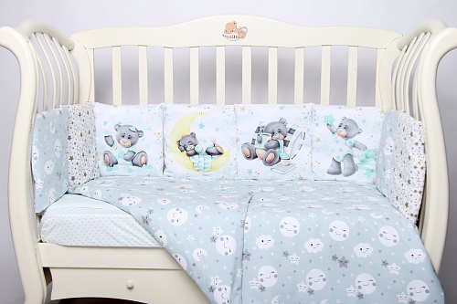 Комплект 17 предметов "Мишка на луне" мята сатин Комплект 17 предметов "Мишка на луне" мята сатин